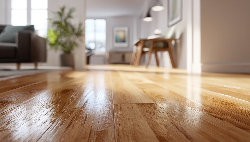 Sunlight streams into a modern, airy living space, illuminating gleaming wooden floors installed by Flooring Installation Wake County, NC and Horry County. A green plant, sofa, and dining table are visible in the softly blurred background.