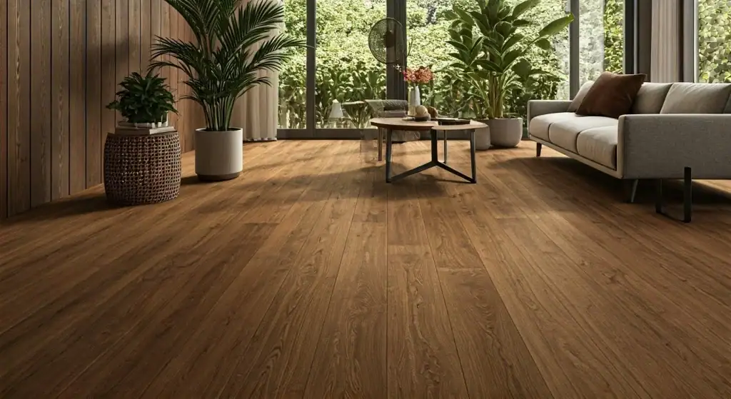 A modern living room with large plants, a white sofa, a wooden coffee table, and wide glass doors showing a lush garden. Featuring warm, wood-style flooring—expertly installed by Flooring Installation Wake County, NC and Horry County specialists.
